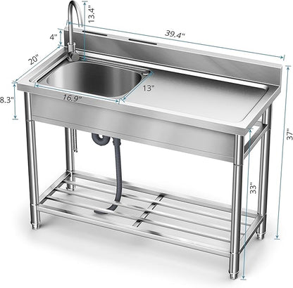 Stainless Steel Sink, Free Standing Kitchen Sink with Countertop Workstation, Utility Sink Single Bowl with Cold and Hot Water Pipe for Kitch Laundry Room Garage Farmhouse Indoor Outdoor (39 Inch L)
