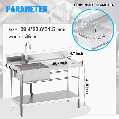 Utility Sink Freestanding Single Bowl Laundry Sink with Hot and Cold Water Plumbing Workbench & Storage Stainless Steel Sink for Kitchen and Bathroom Farmhouse Style, Metallic Gray