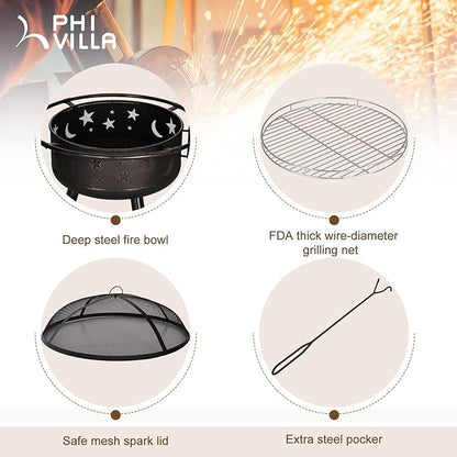 PHI VILLA 30" Outdoor Wood Burning Firepit with Cooking Grate, Patio Deep Bowl Steel Fire Pits for Outside with Adjustable Swivel BBQ Grill Pan, Star & Moon Cutouts Pattern, Poker & Spark Screen