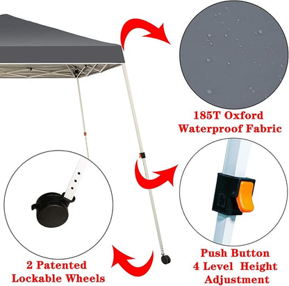 Sunnyglade 10x10 Ft Pop Up Canopy Tent One Button Easy Pop Up Outdoor Instant Folding Slant Leg Canopy with 2 Wheels and Deluxe Carry Bag(Dark Grey)