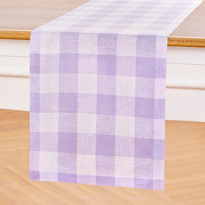 Solino Home Linen Checkered Table Runners 72 Inches Long - 100% Pure Linen Misty Lavender Buffalo Check Table Runner 14 x 72 Inch Ideal for Dresser, Dining, Valentines, Spring, Easter