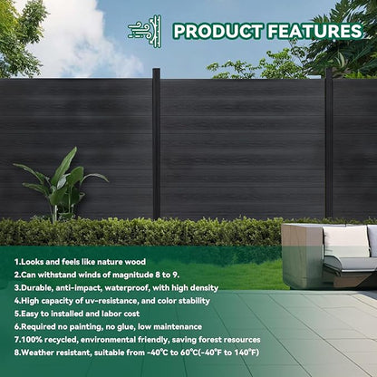 Mondaria Fence Privacy Screen with 8ft In-ground Posts, 6ft(H) x36ft(W) Wood Plastic Composite Fence Panels Weather-Resistant Outdoor Fence for Backyard/Garden (Black, 7 Posts)