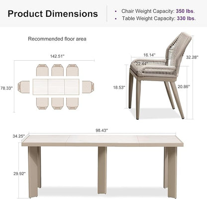 PURPLE LEAF 9 Pieces Patio Dining Set Aluminum Modern Rectangular Table and Wicker Chairs with Cushions for Kitchen Porch Garden Outdoor Furniture Sets, Champagne