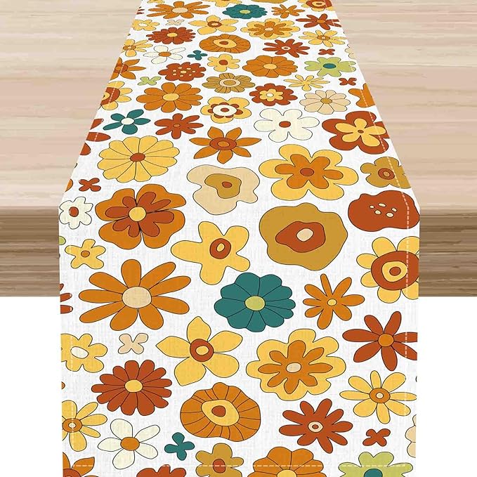 Groovy Floral Table Runner, Retro 70s Hippie Floral Funky Cute Flower Trippy Orange Coffee Table Center Decor For Home Kitchen Dining Patio Holiday Party Indoor Outdoor Table Decorations, 13"x90" Inch
