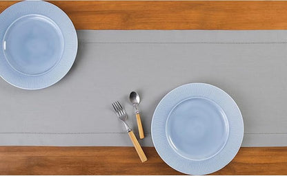 Solino Home Light Grey Table Runner 90 Inches Long - Cotton Linen Hemstitch 14 x 90 Inch Table Runner for Dining, Spring, Easter