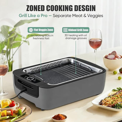 Smokeless Indoor Grill, Amornest Electric Indoor Grill 1100W for Korean BBQ with Dual Turbo Smoke Extractor, LED Smart Display & Dual-Zone Nonstick Grills Plate, 6-Level Temp Control, Dishwasher Safe
