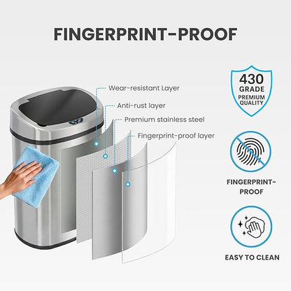iTouchless 13 Gallon Automatic Sensor Trash Can with AbsorbX Odor Filter, Stainless Steel Kitchen Garbage Bin, Fingerprint-Proof, Hands-Free Operation, Oval