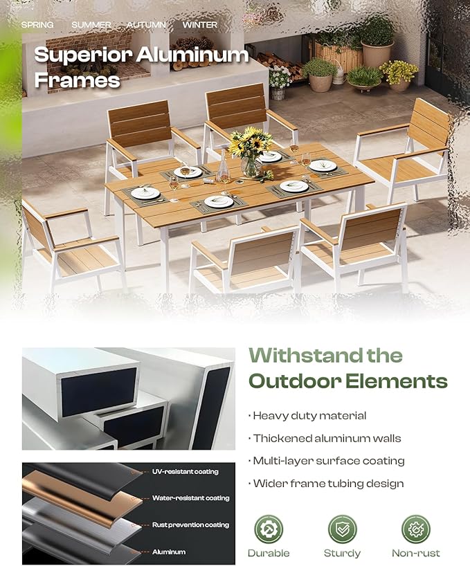 Patio Table and Chairs Set, 7 Piece Outdoor Dining Set with Umbrella Hole, HDPS + Aluminum Patio Furniture Set for Garden (White & Teak)