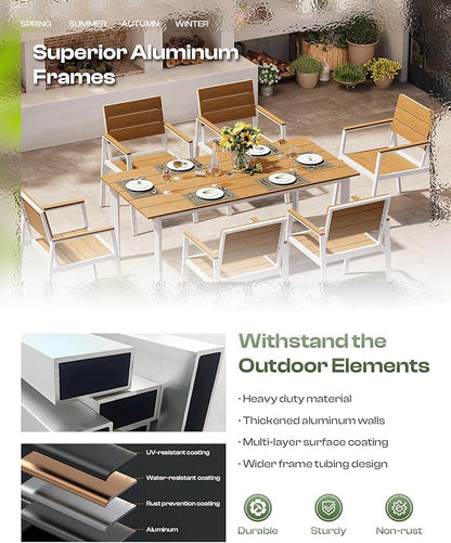 Outdoor Dining Set for 6, Patio Table and Chairs Set with Umbrella Hole, 7 Pieces HDPS + Aluminum Outdoor Furniture Sets for Patio, Garden (White & Teak)