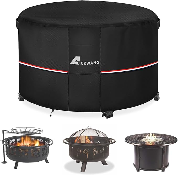 Fire Pit Cover Round 48 Inch Waterproof,Outdoor Heavy Duty Durable 600D Tear-Resistant Fire Pit Table Cover,Patio Round Firepit Cover 48" D x 24" H, Black