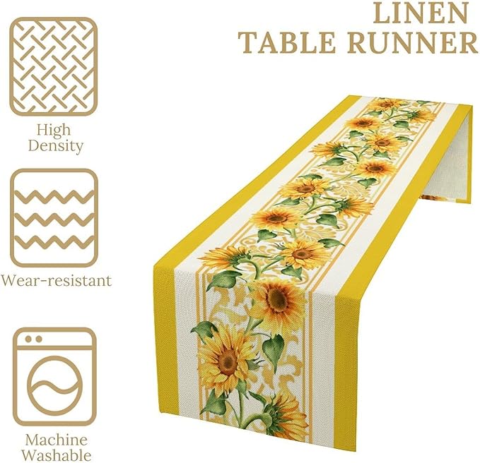 Yellow Sunflower Table Runner, Spring Summer Seasonal Floral Farmhouse Rustic Vintage Flower Print Table Cover for Home Kitchen Dining Table Decor Party, 13x60inch
