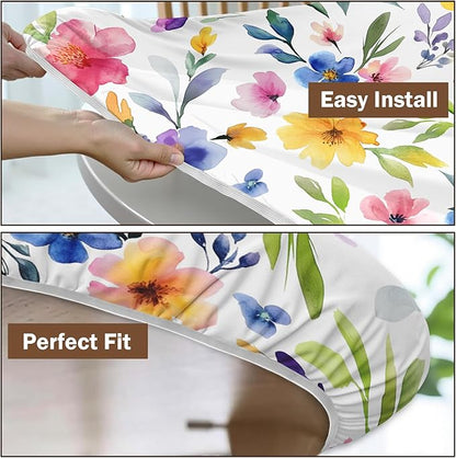 Spring Summer Floral Round Fitted Tablecloth with Elastic Watercolor Flower Outdoor Circle Table Cloth for 36-40" Tables Colorful Stretch Waterproof Washable Table Cover for Picnic Dining Party Decor