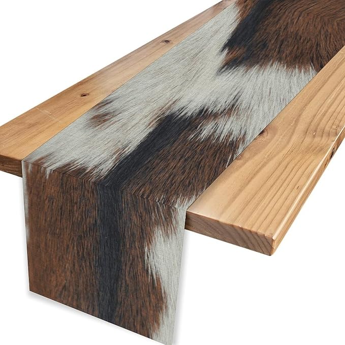 Cow Print Table Runner, Brown Cowhide Print Western Style Table Runner Country Farmhouse Cottage Cow Pattern Linen Table Decoration for Home Kitchen Dining 13x36