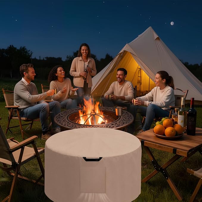 Kovshuiwe Round Fire Pit Cover-600D Fabric Waterproof and Resistant Material, Fits Outdoor For 27-30 Inch Fire Pit /Table Cover, Patio Fire Bowl Cover-30"DIA x 18"H, Khaki