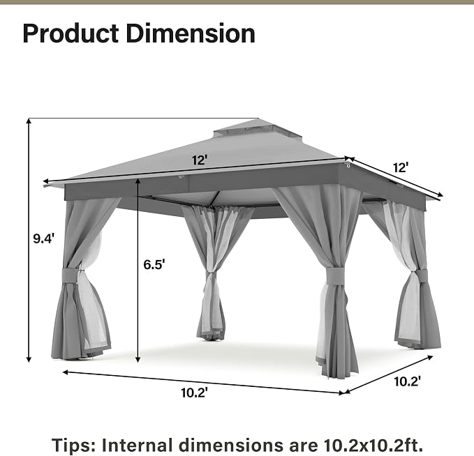 12'x12' Outdoor Gazebo, Metal Frame Heavy Duty Patio Canopy Tent Shelter - Image 5