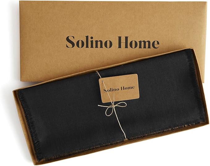Solino Home Fringe Linen Table Runner 48 Inches - 100% Pure Linen Black Table Runner 14 x 48 Inch Ideal for Dresser and Coffee Tables - Spring