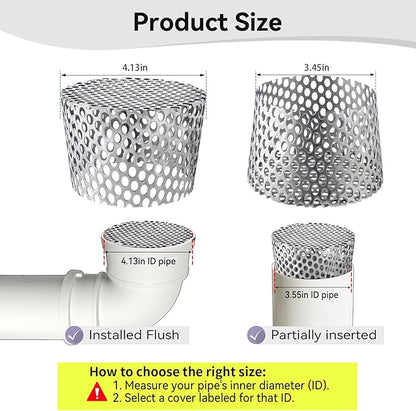 PVC Termination Cap Vent Cover, Stainless Steel Mesh Screen Vent Cover Slot for 3.55" to 4.13" ID Furnace and Roof Vent Pipe, Conical Vent Cap Rust preventing Leaves Debris, Birds Entering