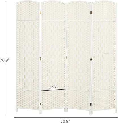 HOMCOM 4 Panel Room Divider, 6' Tall Folding Privacy Screen, Hand-Woven Freestanding Wall Partition for Home Office, Bedroom, White