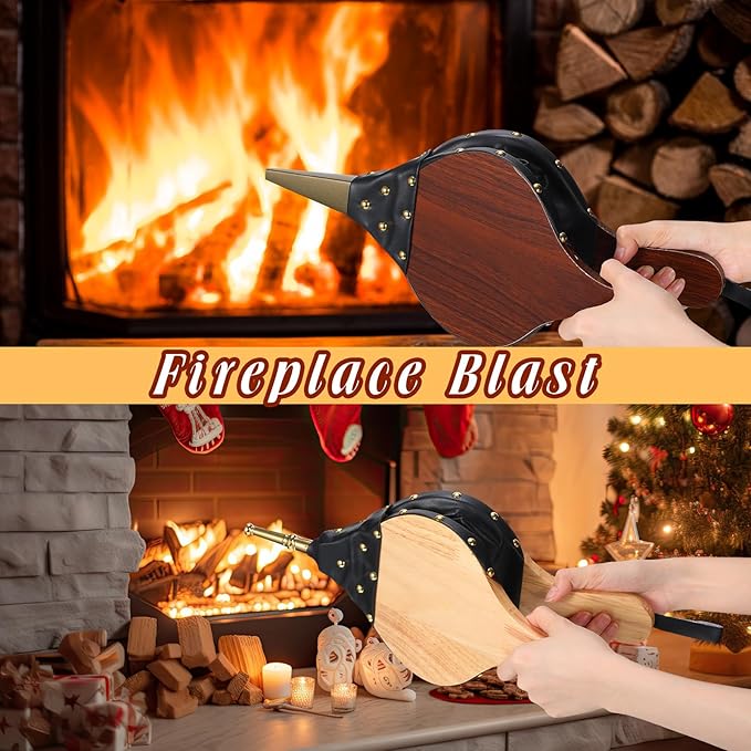 Barydat 2 Pcs Fireplace Bellows Hand Large Wood Air Blower Cast Nozzle Outdoor Bellows for Fire Pit Fire Blower with Strap Garden Home BBQ Camping Chimney Grill Tools Cooking Barbecue Accessories