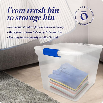 HOMZ 4-Pack Latching Lid, Large Clear Plastic Storage Bins with Lids, 31 Quart, Blue Latch - Stackable Container Boxes for Home, Bathroom, and Office Organization