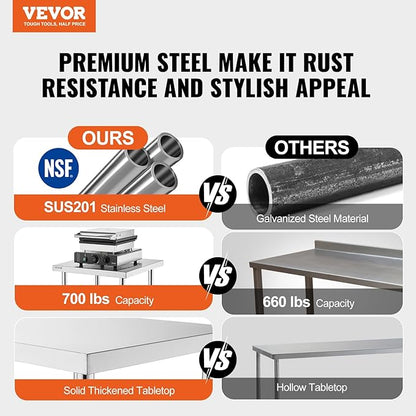 VEVOR 24 x 24 x 36 Inch Stainless Steel Work Table, Commercial Food Prep Worktable Heavy Duty Prep Worktable, Metal Work Table with Adjustable Height for Restaurant, Home and Hotel