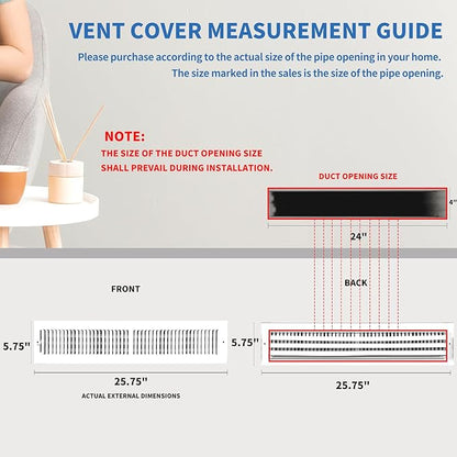 24x4 Vent Register [Duct Opening], Vent Covers for Home Ceiling, Two-Way Ventilation Register, Adjustable Solid Steel Wall Register Vent Cover (24"W x4"H [Duct Opening])