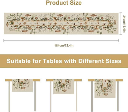 Wild Mushroom Table Runner, Retro Floral Plants Botanical Print Table Cover for Kitchen Dining Table Wedding Home Party Decor, 13x108inch