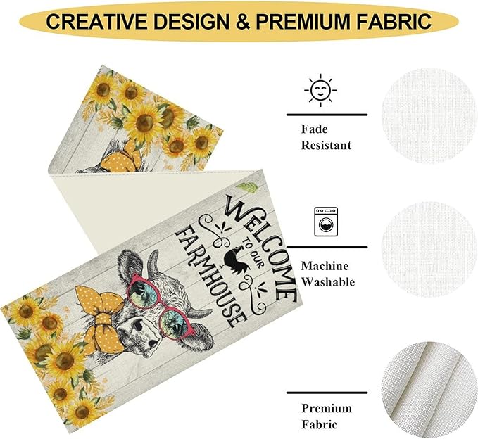 Farmhouse Cow Table Runner, Rustic Yellow Sunflower Floral Buffalo Animals Spring Coffee Farm Table Center Decor for Family Kitchen and Living Room Country Holiday Party Table Decorations, 13" X 90"