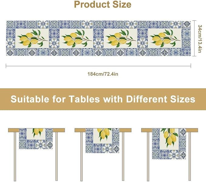 Yellow Lemon Table Runner, Blue Tiles Summer Holiday Tasty Fruit Healthy Fruit Vintage Watercolor Rustic Botanic Table Cover for Party Picnic Dining Room Kitchen, 13x120inch
