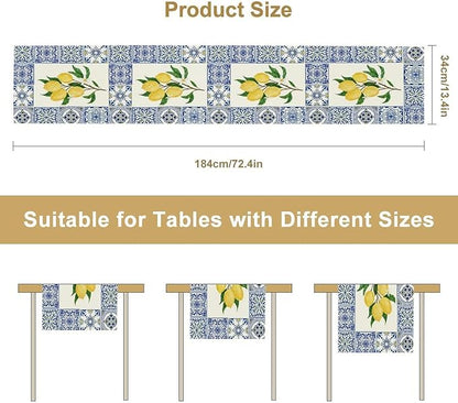Yellow Lemon Table Runner, Blue Tiles Summer Holiday Tasty Fruit Healthy Fruit Vintage Watercolor Rustic Botanic Table Cover for Party Picnic Dining Room Kitchen, 13x36inch