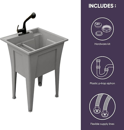 Freestanding Utility Sink with One Handle Black Faucet - 24" Plastic Utility Sink for Garage, Laundry, Indoor and Oudoor Use - Laundry Tub Kit by Noah William Home - Grey (19.5 gal)