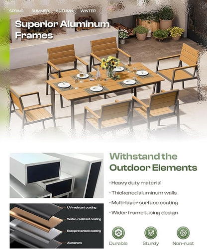 Patio Table and Chairs Set, 5 Piece Outdoor Dining Set with Umbrella Hole, HDPS + Aluminum Patio Furniture Set for Garden (Gray & Teak)