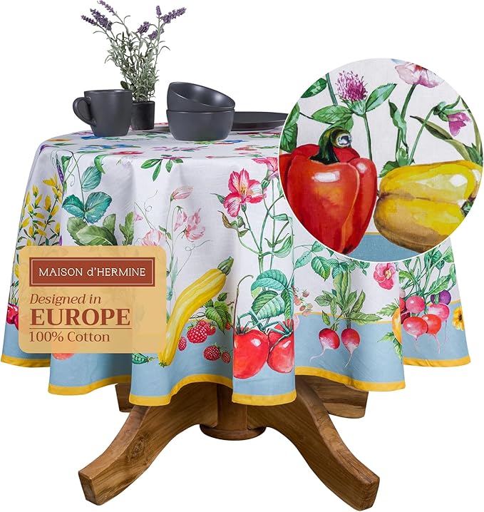 Maison d' Hermine Table Cloth Round Table 100% Cotton 63 Inches Tablecloth Reusable Decorative Everyday Use for Dining Room, Farmhouse, Home, Party, Festive & Wedding Spring Summer - Giverny