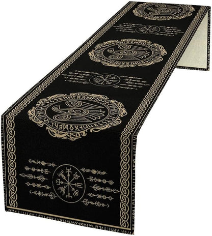 Nordic Vikings Table Runner, Viking Raven Rune Mythology Aesthetic Table Runner for Outdoor Kitchen Dining Home Party 13x60in