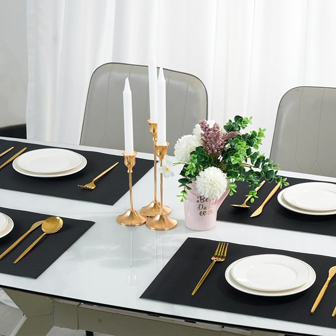 Placemats Set of 8，Non-Slip PVC Weave Table Mats Easy to Clean，Heat Resistant Place Mats for Kitchen Dining Table Decoration Indoor Outdoor，Black