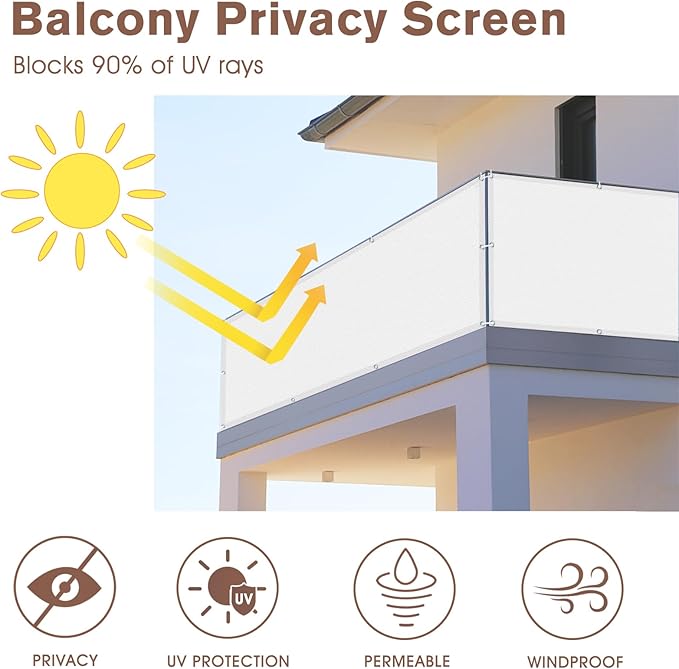 SUNNY GUARD 3FTx16FT White Balcony Privacy Screen Fence, Apartments Railing Heavy Duty Wind Screen for Outdoor, Deck，Backyard,Patio Privacy（We Make Custom Sizes）
