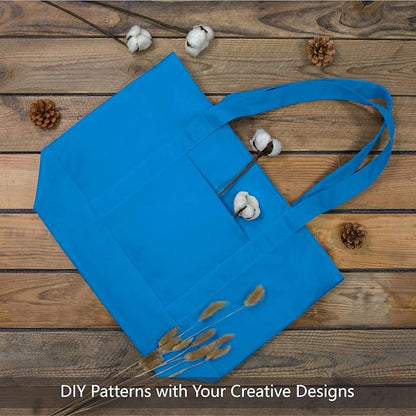TOPDesign 6-Pack Canvas Tote Bags with an External Pocket, Reusable Grocery Shopping Bags, Top Zipper Closure, Daily Essentials (Ocean Blue)