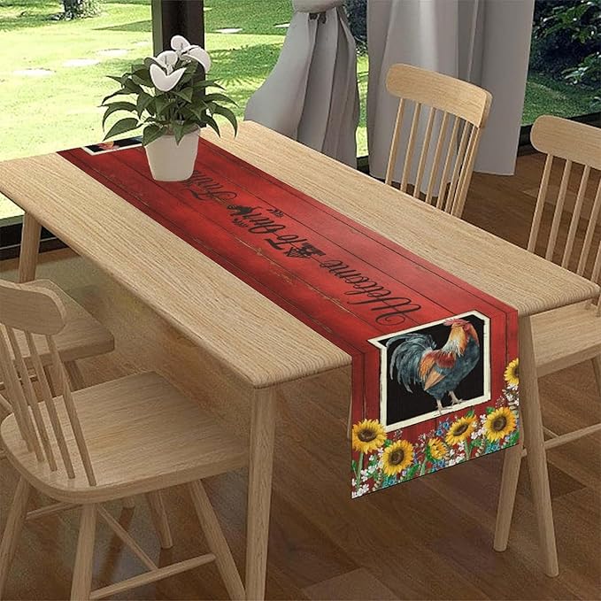 Rooster Table Runner, Farmhouse Vintage Chicken Wooden Sunflower Floral Cow Pig Red Coffee Table Center Decor for Family Kitchen and Dining Room Outdoor Country Party Table Decorations, 13"x72"