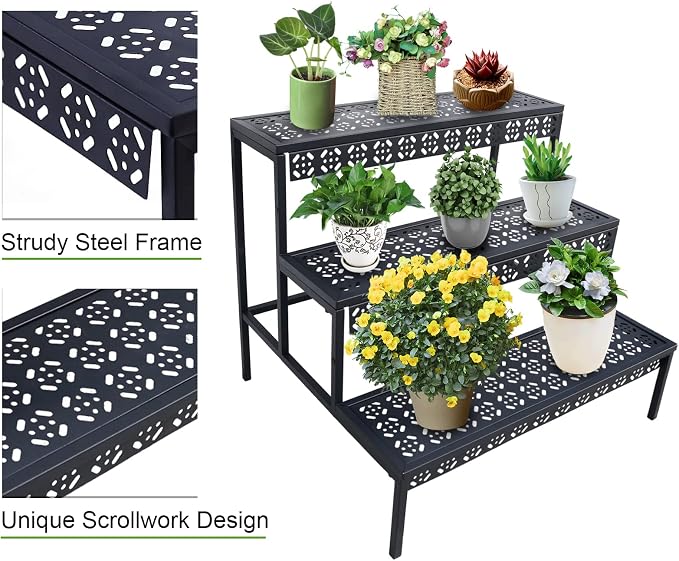 aboxoo 3-Tier Stair Style Metal Plant Stand, Large Indoor Outdoor Shelf | Holds - Image 9