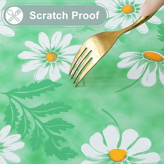 misaya Rectangle Waterproof Vinyl Table Cloth, Wipeable Tablecloth with Flannel Backing, Plastic Table Cover for Dinner, Picnic, Indoor and Outdoor (Green Daisy, 52" x 70")