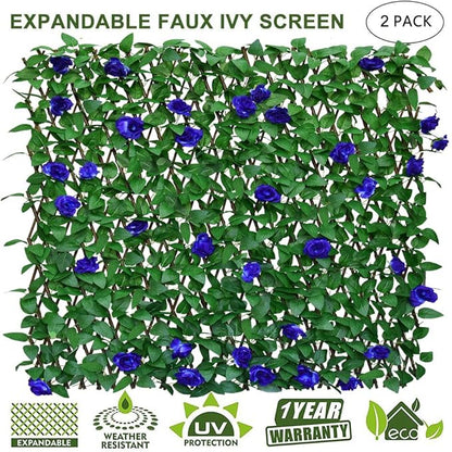 Expandable Fence Privacy Screen for Balcony Patio Outdoor,Decorative Faux Ivy Fencing Panel,Artificial Hedges (Single Sided Leaves) (2, Blue Flowers)
