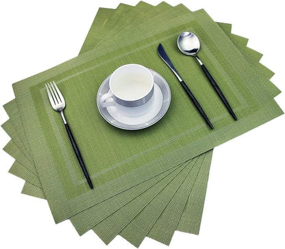 PIGCHCY Heat Insulation Non Slip Plastic Placemats,Washable Easy to Clean Woven Vinyl Kitchen Stain Resistant Placemats for Dining Table Set of 6 (Olive Green)