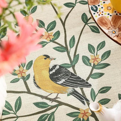 patdrea Designer Vintage French Floral Square Tablecloth,Yellow Brids Green Leaves Pattern Linen Table Cloth,Decor Kitchen Dining Holiday Banquet Christmas,Thanksgiving,Party,67"x67"-Warbler