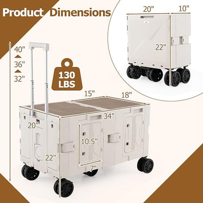 Goplus Large Foldable Utility Cart w/ 2-Tier Storage Crates, 5 Rotate Wheels, Metal Telescoping Handle, Portable Rolling Trolley Collapsible Cart for Grocery Shopping Camping & Travel
