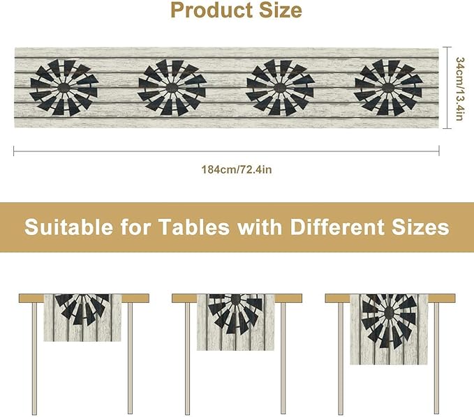 Retro Windmill Table Runner, Rustic Farmhouse Wood Grain Country Style Print Table Runner for Dinning Holiday Party Indoor Outdoor Decor, 13x120inch