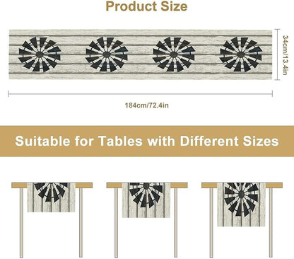 Retro Windmill Table Runner, Rustic Farmhouse Wood Grain Country Style Print Table Runner for Dinning Holiday Party Indoor Outdoor Decor, 13x36inch