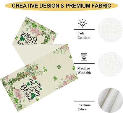 Cross Clover Table Runner,Rustic Beige Pink Floral Green Shamrock St.Patrick's Day Table Center Decor for Home Kitchen Dining Patio Holiday Party Indoor Decorations, 13"x72"