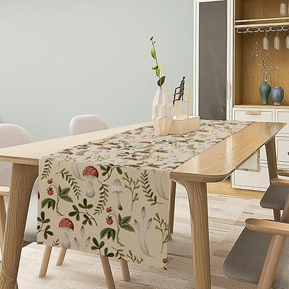 Mushroom Table Runner,Vintage Rustic Boho Botanical Plant Print Tablerunner for Home Kitchen Dining Coffee Table Indoor Outdoor Party Decor 13x90in
