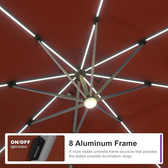 PURPLE LEAF Cantilever Patio Umbrella 11ft Round Solar LED Light, Brick Red | - Image 3
