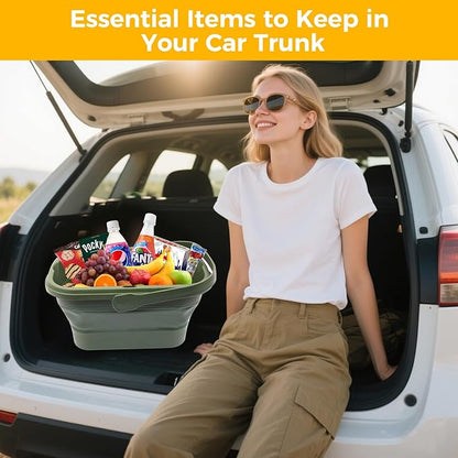 Picnic Basket for 2 Person, Foldable Bucket with Lid and Handles, Portable Outdoor Storage Bucket, 18 Liters, Ideal for Camping、Outdoors and Car Trunks (Green)